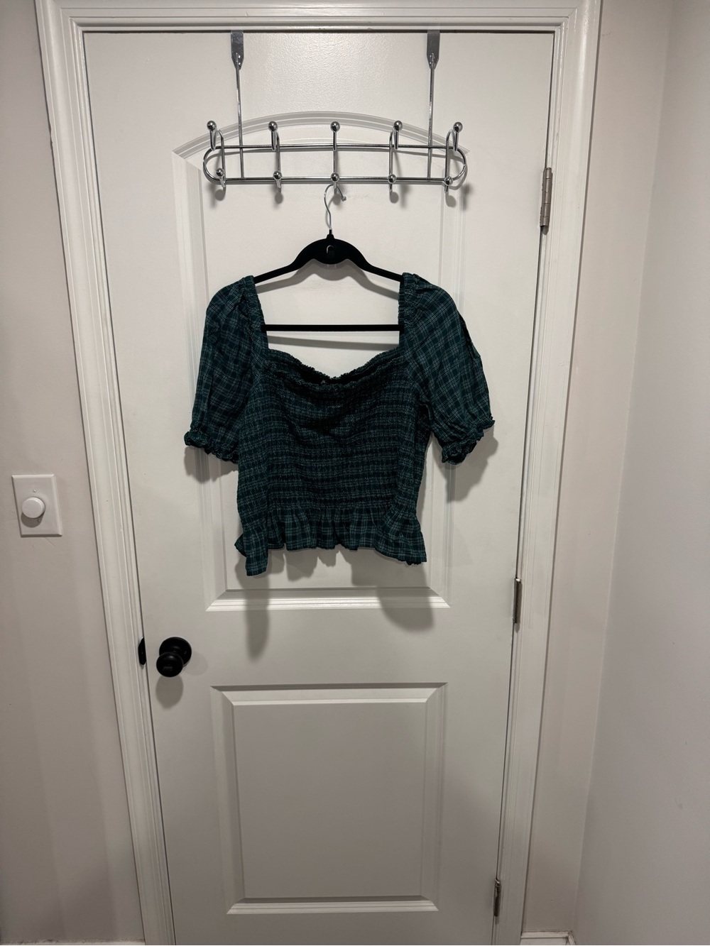 J. Crew Green Plaid Smocked Peplum Blouse
